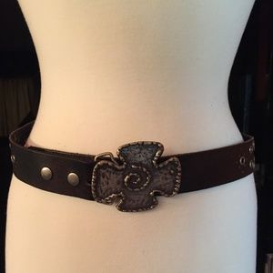 Adjustable Leather Belt with Hammered Metal Buckle